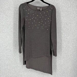 Chicos Travelers Embellished Asymmetrical Hem Top Size S Gray Slinky Long Line